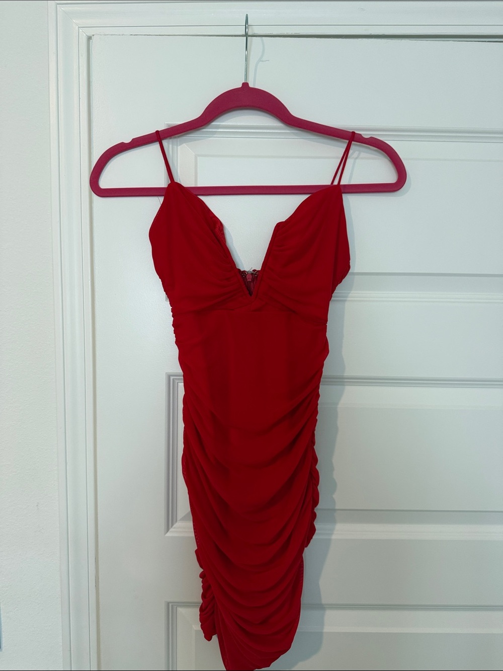 Hello Molly Red Ruched Spaghetti Strap Mini Dress